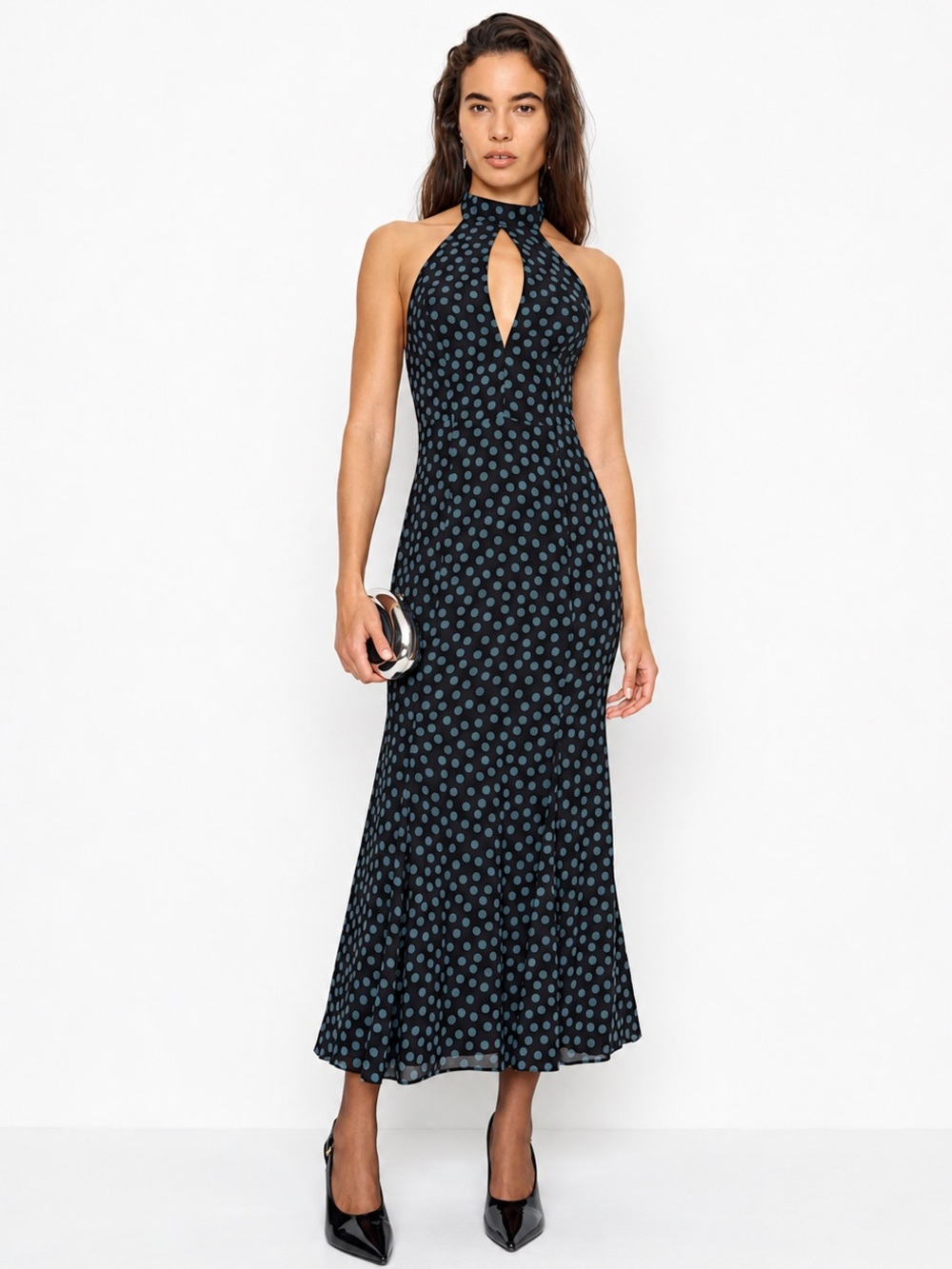 NWT REFORMATION NOELE Navy Polka Dot Halter Maxi Dress